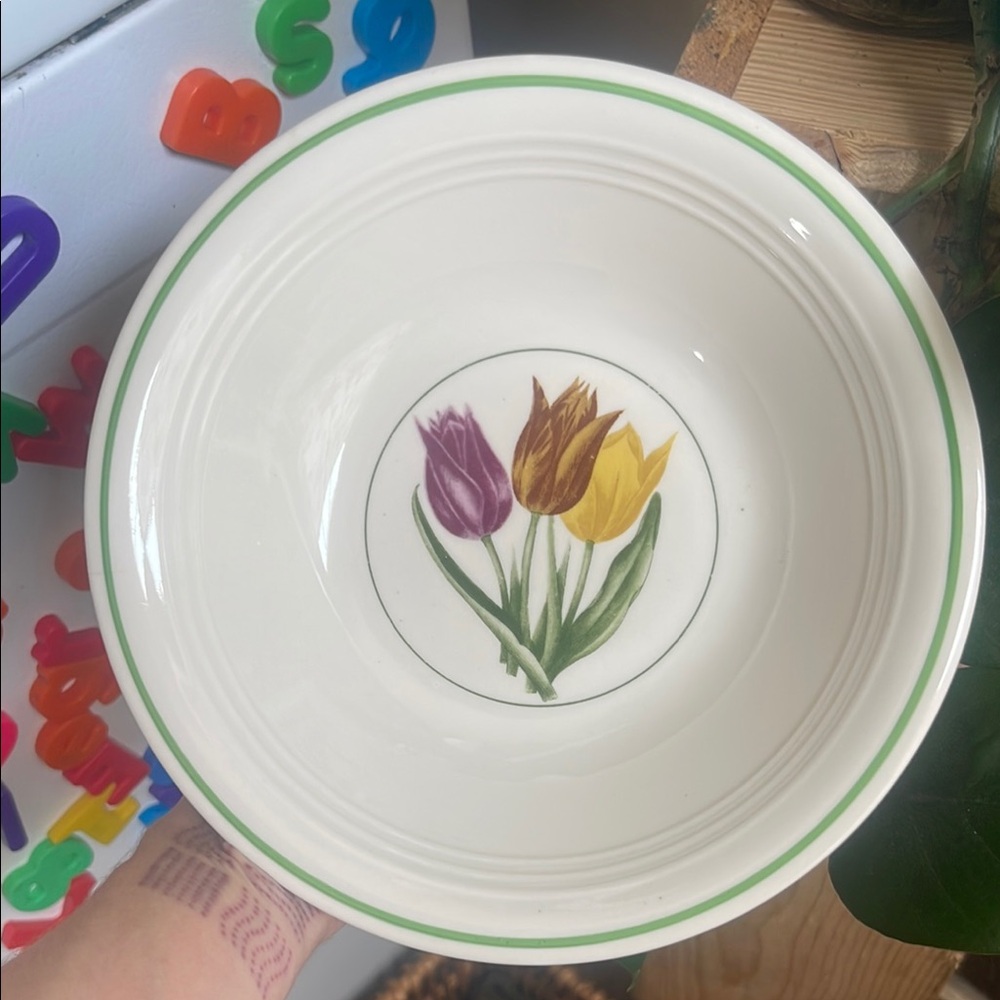 Vintage Floral Tulip Bowl - Cream with Purple and Yellow Accents